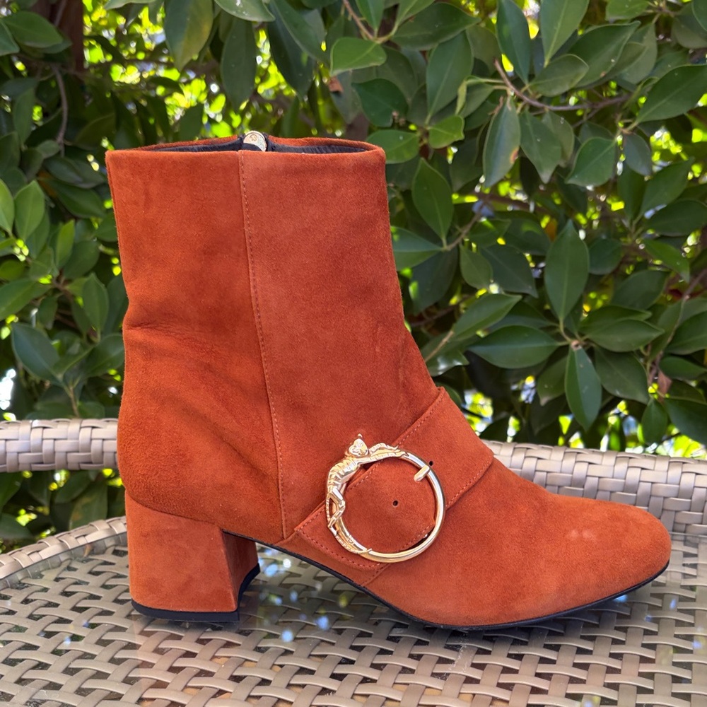 Cognac Suede Ankle Boots with Gold Monkey 🐒 Buckle